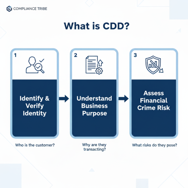 Diagram illustrating the three key stages of Customer Due Diligence in AML compliance
